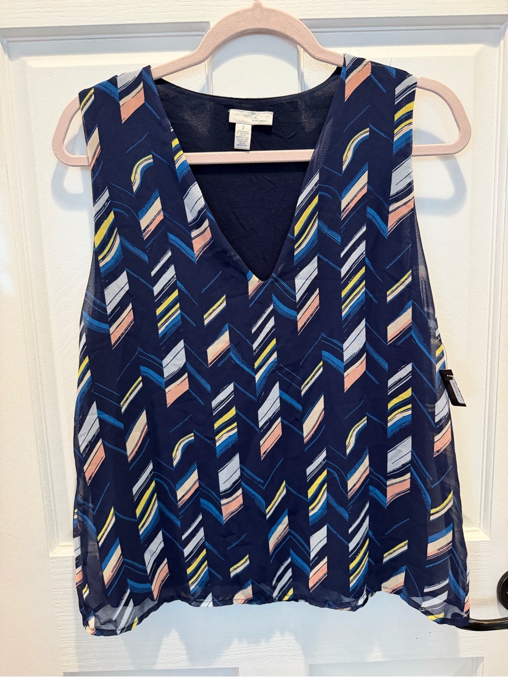 Women’s Halogen Navy V-Neck Chevron Print Sleeveless Blouse Tank Top